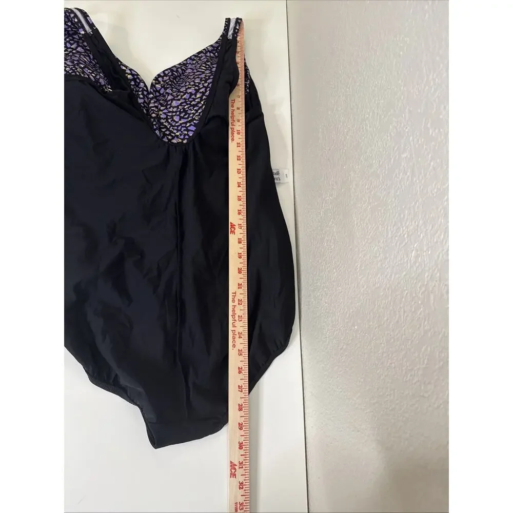 Longitude One Piece Swimsuit Plus Size 24W Black Purple Gold Wrap Front Leopard
